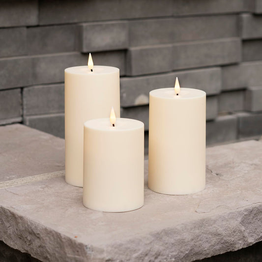 LampLust - Velas sin llama para exteriores, impermeables, paquete de 3, 3 x 4, 3 x 5, 3 x 6 pulgadas, juego de velas LED parpadeantes con control remoto y temporizador incluidos, funciona con pilas,