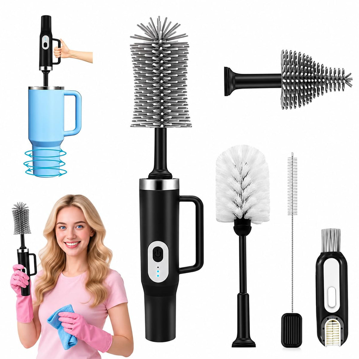 Keoshiga Limpiador de botellas eléctrico 5 en 1, compatible con Stanley, cepillo para botellas, limpiador de pajitas, multifunción, recargable, resistente al agua IPX6, diseño extra largo para Stanley