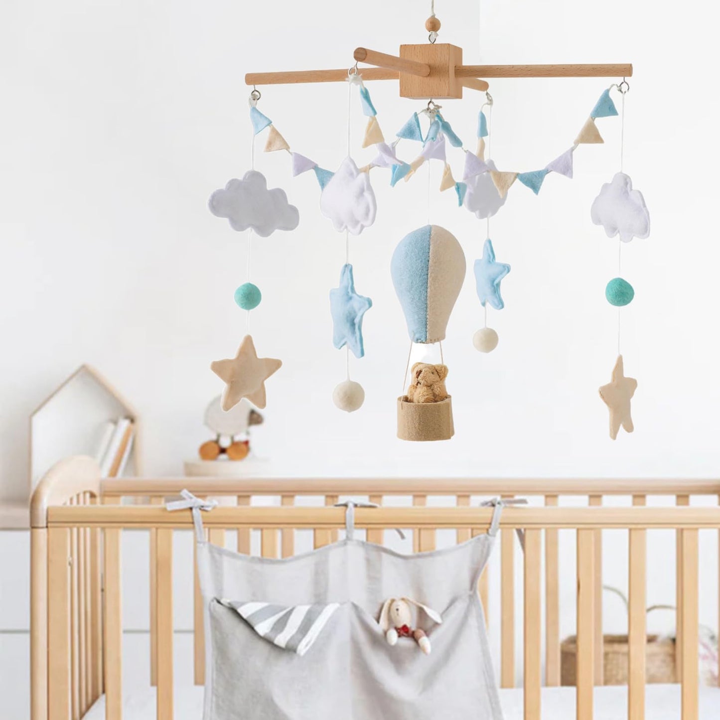 Móvil de bebé para cuna, móvil para cuna de bebé para niños y niñas, móvil de bebé, móvil boho para guardería, decoración de guardería, banderas de globo de aire caliente, bandera de nube de estrella