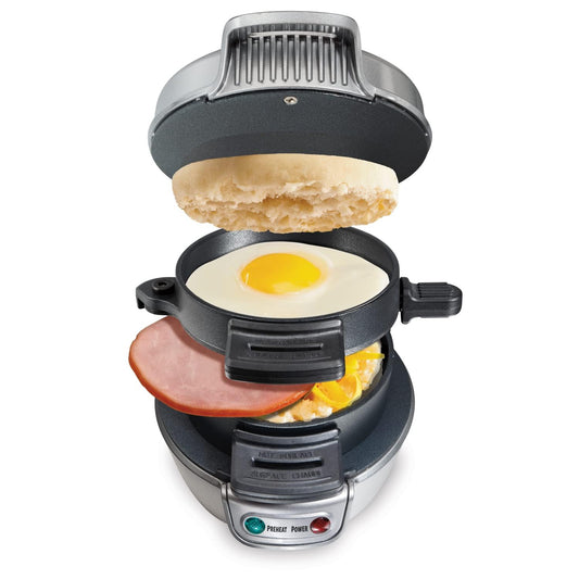 Hamilton Beach - Sandwichera de desayuno con anillo de huevo para cocina, ingredientes personalizados, perfecto para magdalenas inglesas, cruasanes, mini gofres, regalo perfecto de elefante blanco, plata (25475)