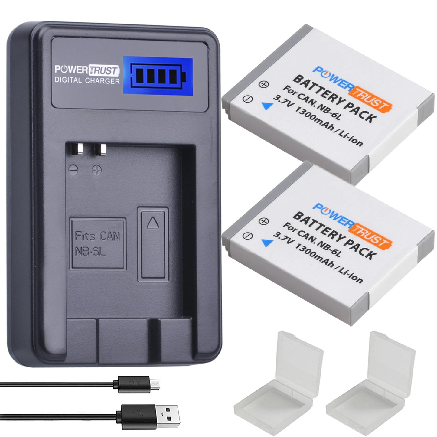 Paquete de Baterías PowerTrust NB-6L NB-6LH con Cargador USB LCD para Cámara Canon Color Negro