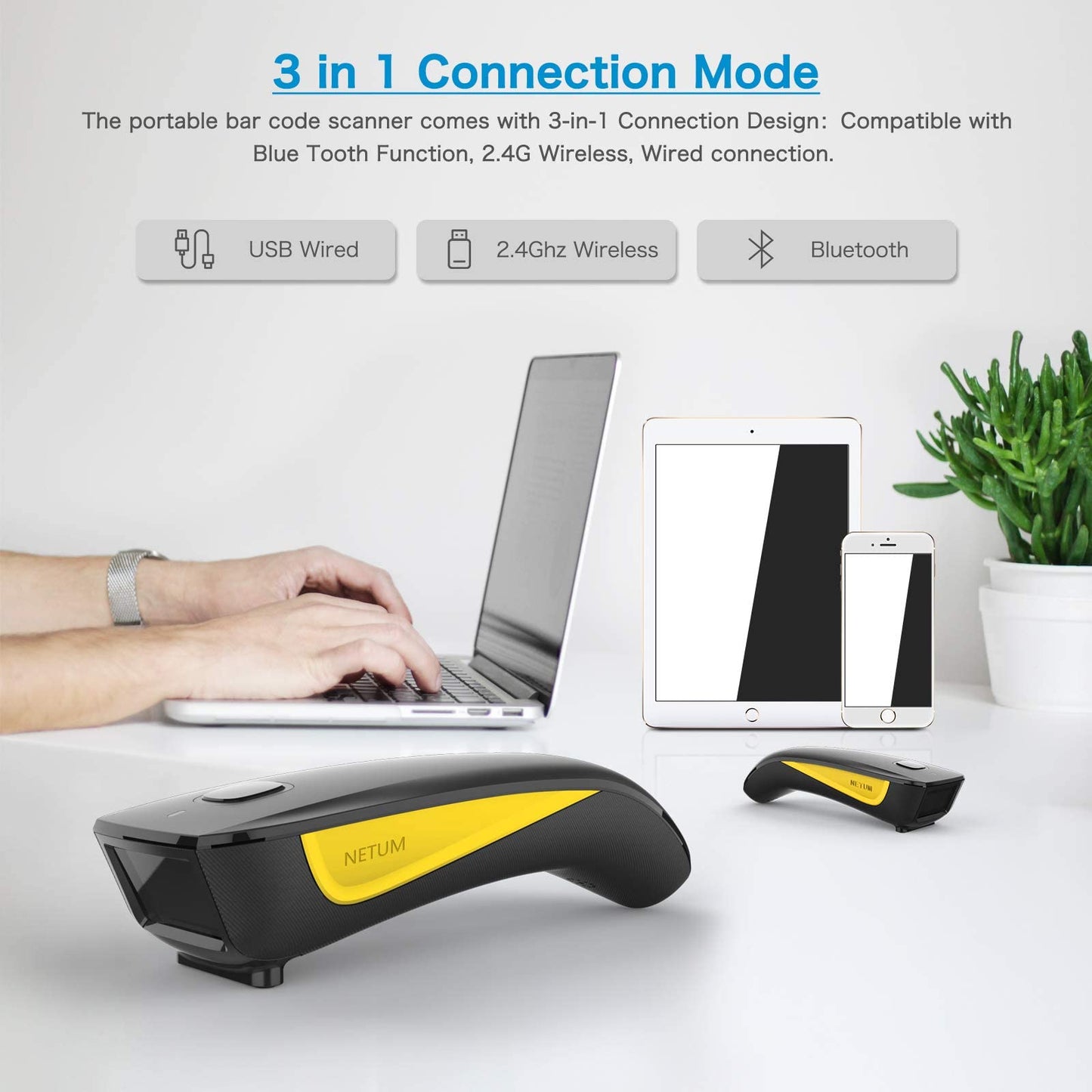 NETUM Escáner de código QR, mini escáner de código de barras compatible con Bluetooth, pequeño escáner portátil USB 1D 2D de código de barras para inventario, lector de imágenes inalámbrico 2.4G para