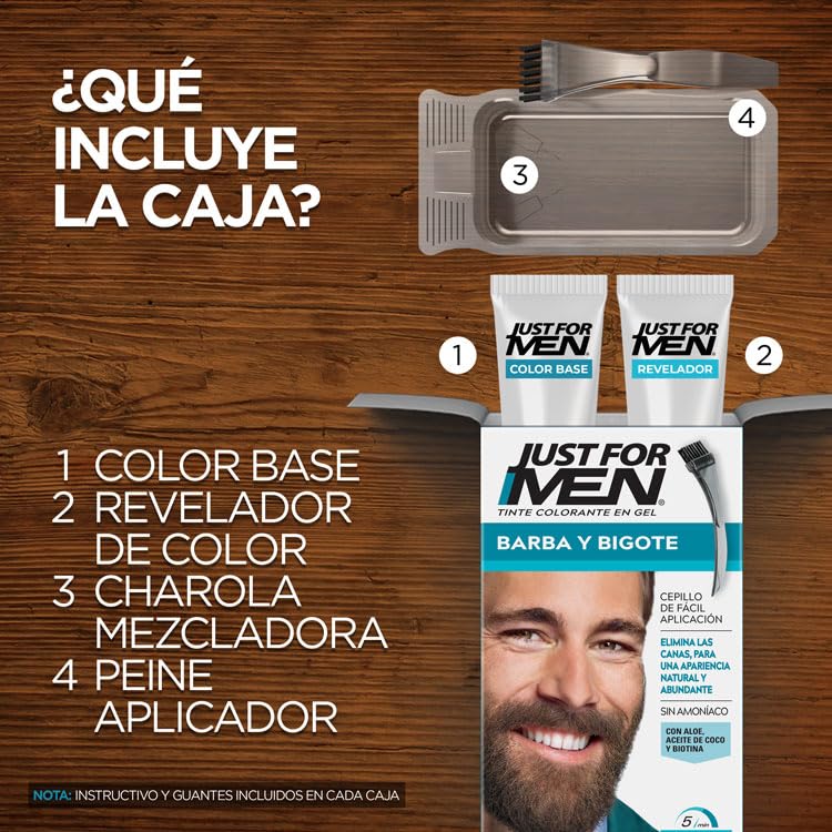 Just For Men Tinte Colorante en Gel para Barba y Bigote,Castaño Oscuro Medio B40,Sin Amoníaco, Con Cepillo De Fácil Aplicación, 66ml