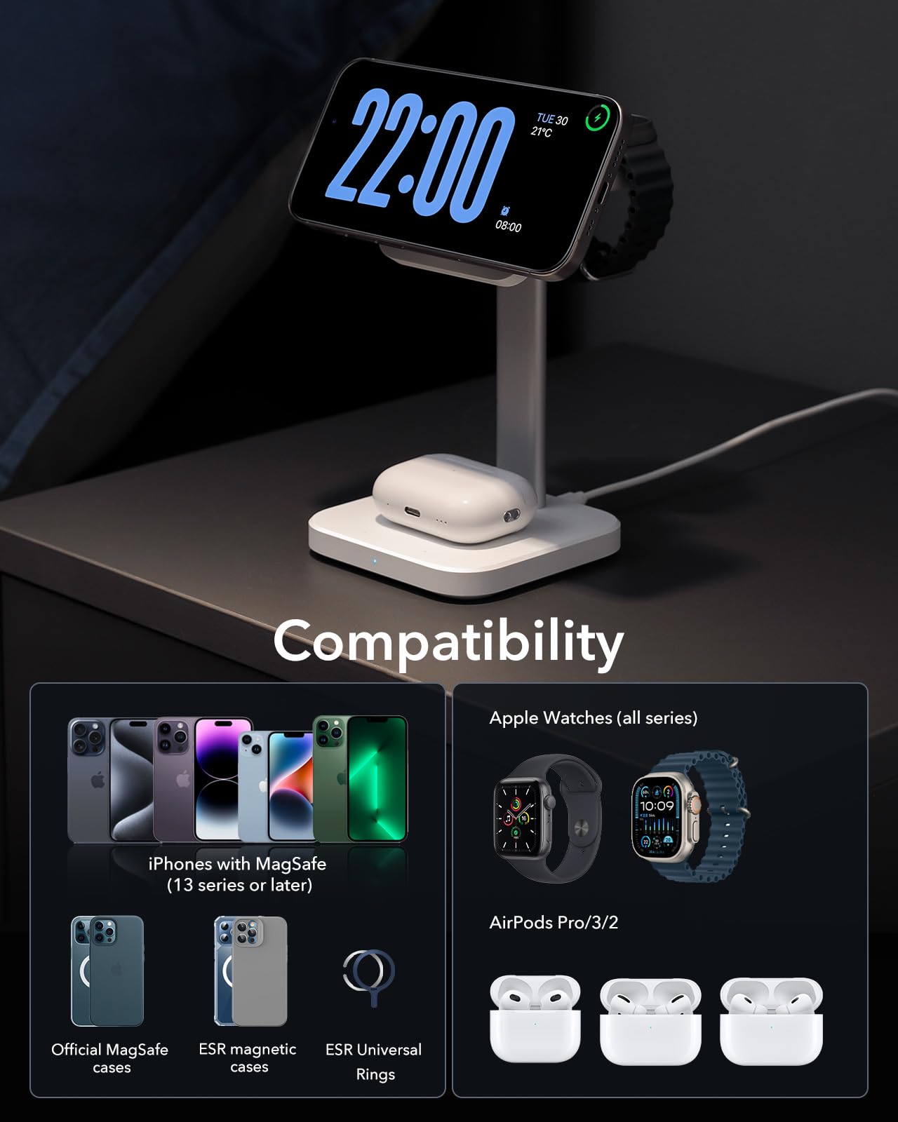 Estación de Carga Inalámbrica 3 en 1 ESR Negra con Cargador Qi2 MagSafe para iPhone y Apple Watch