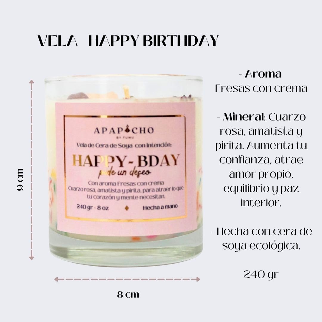 Fuwu, velas aromaticas relajantes Happy Birthday de cera de soya con cuarzos naturales, velas decorativas hechas a mano con hierbas, aromatizantes para hogar, regalos de cumpleaños (Fresas con crema)
