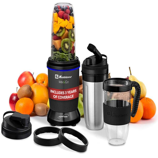 Licuadora Personal Koblenz Mix&Go Batidora Portátil, 1000 Watts, Kit Completo, 12 Accesorios con 2 Vasos de Tritán y 1 Vaso de Acero, Cuchillas de Acero, Ideal para Jugos y Smoothies Negro BKM-1000