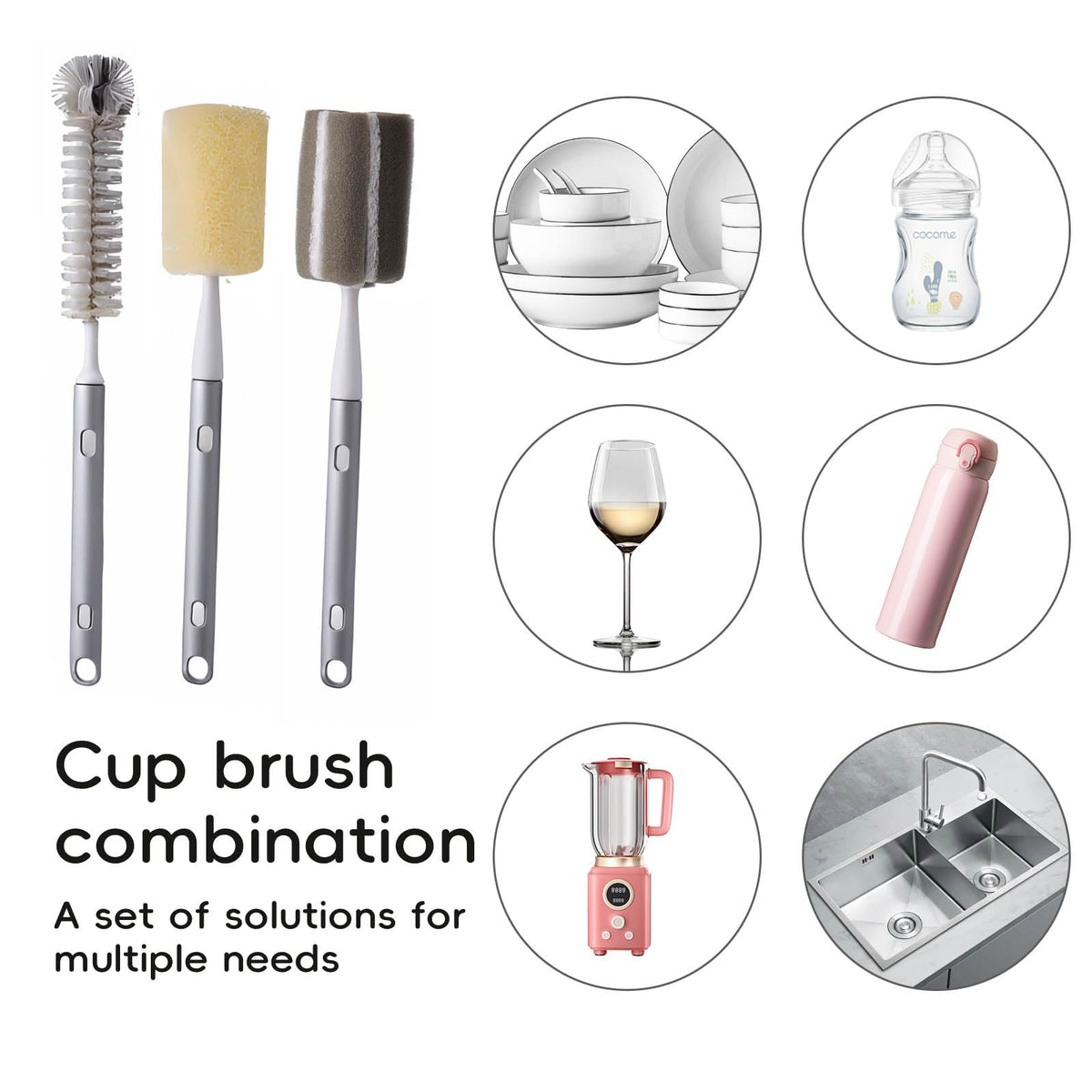Paquete de 3 cepillos de taza de mango largo, mango extensible, cepillo para polvo de biberón, cepillo para polvo de nailon, cepillo para polvo de esponja, cepillo para polvo para fregar tazas de agua