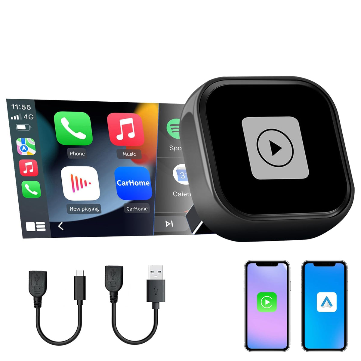 Adaptador Inalámbrico Mini Pyniro Blanco 2 en 1 CarPlay y Android Auto Plug & Play para iOS 10+ y Android 11+