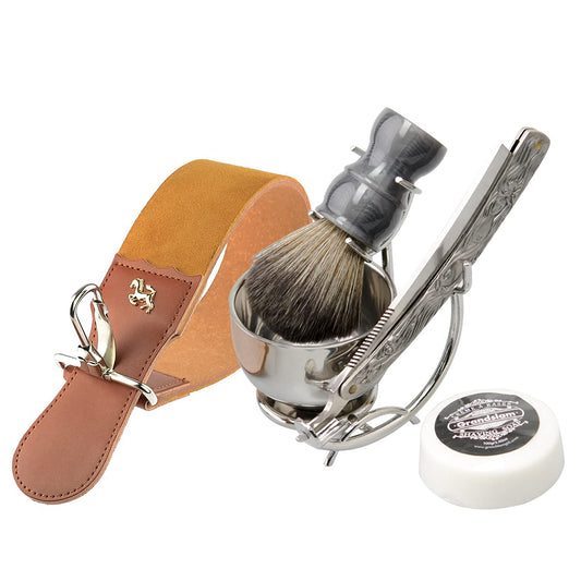 Grandslam Maquinilla de afeitar recta de afeitar, maquinilla de afeitar recta de acero con estropajo de cuero, cepillo de afeitado afilado y puro de tejón con mango de madera, cuenco de afeitar, jabón y soporte, regalo para hombres…