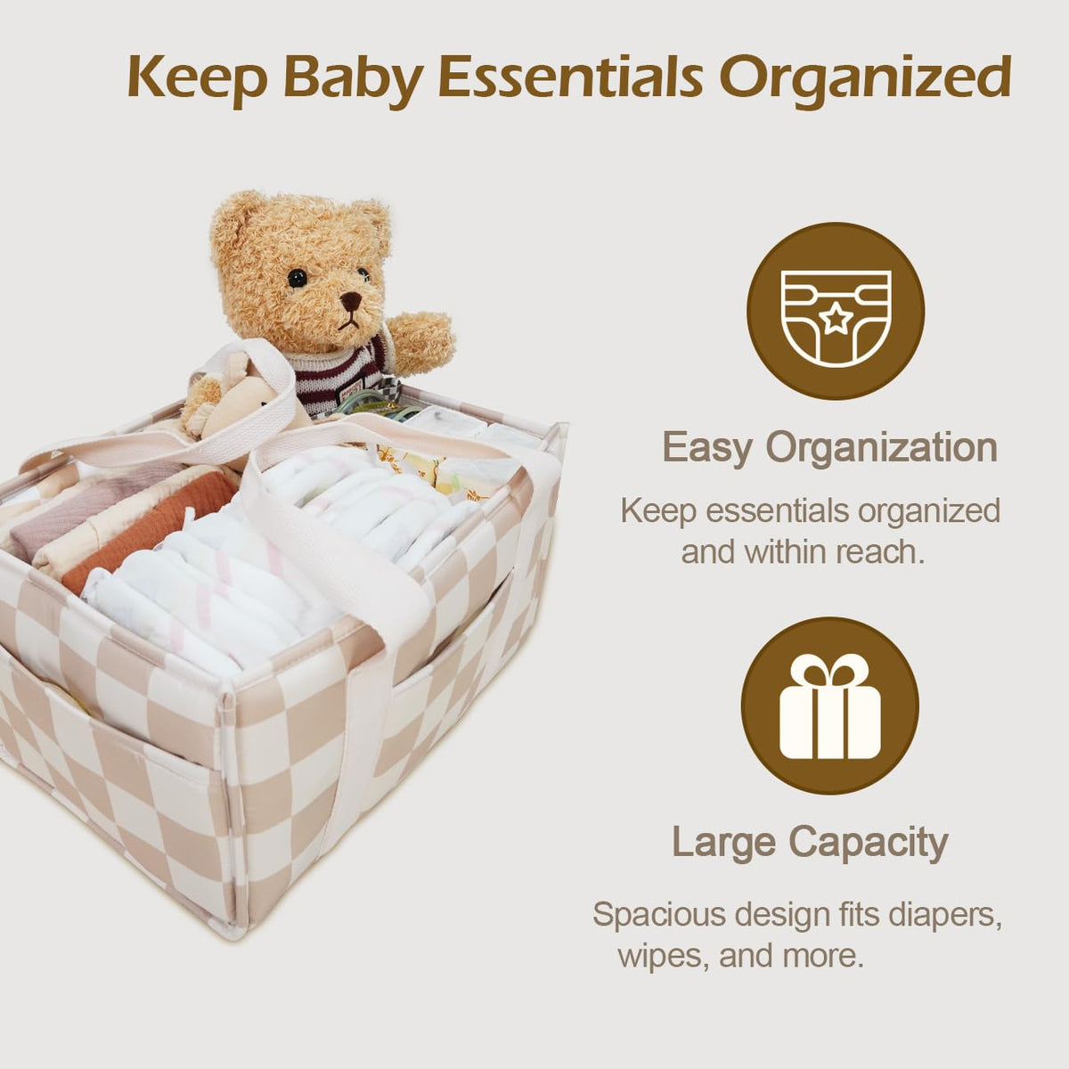 lethooly - Organizador de pañales para bebé, elegante cesta de almacenamiento para artículos esenciales para recién nacidos y estación de pañales, imprescindible para la lista de bebés (beige)