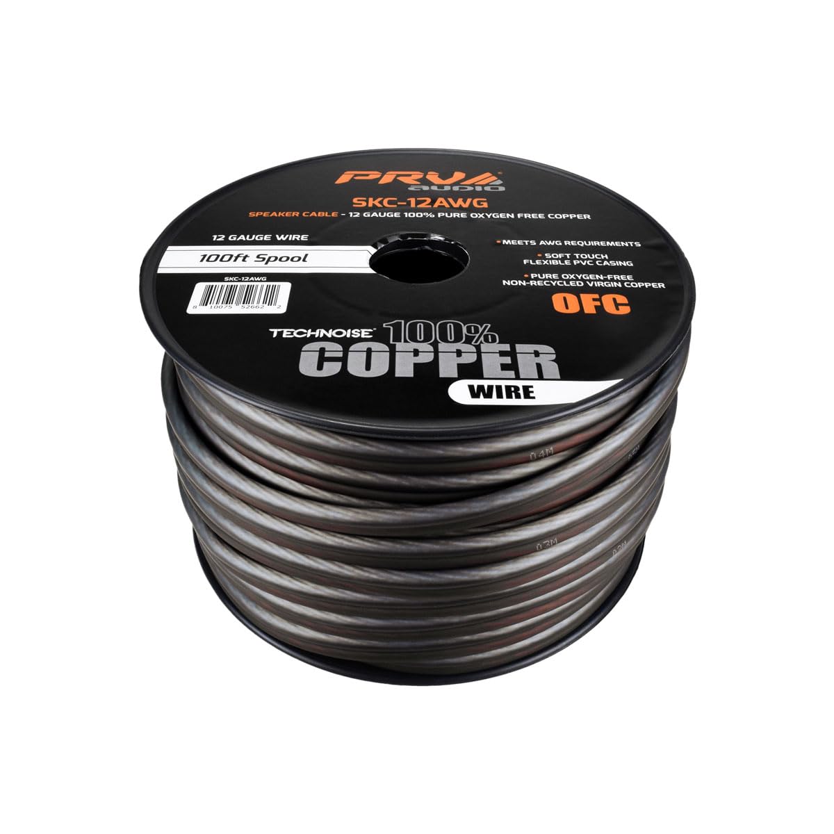 PRV AUDIO - Cable de altavoz de calibre 12 (AWG) de cobre de alta calidad sin oxígeno, rollo de 100 pies (negro/gris) cable ultra flexible para aplicaciones de audio del coche y el hogar