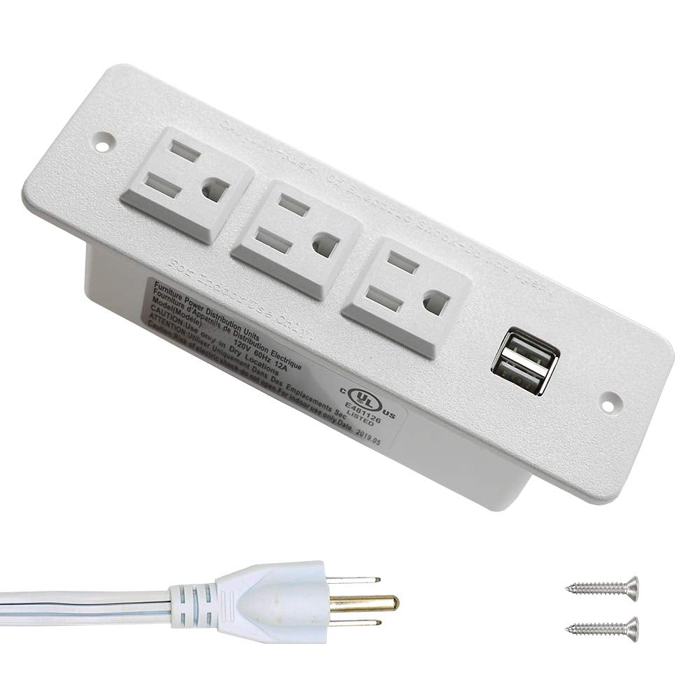 Regleta Tira de Energía Empotrado Oculto Montado 3 Tomas de Tierra Salida 2 USB con Interruptor 3 Metros de Cable de Alimentación para Escritorio Mesa de Conferencias Gabinete Sofá (3AC&2USB White)