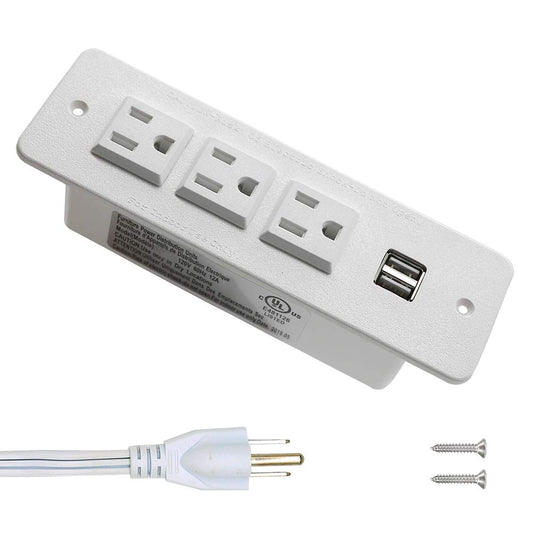 Regleta Tira de Energía Empotrado Oculto Montado 3 Tomas de Tierra Salida 2 USB con Interruptor 3 Metros de Cable de Alimentación para Escritorio Mesa de Conferencias Gabinete Sofá (3AC&2USB White)