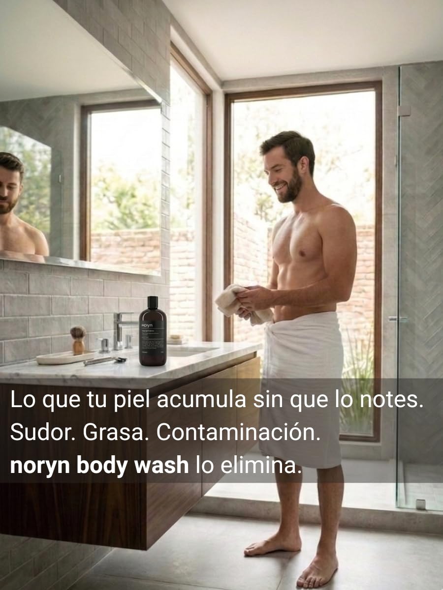 noryn Body Wash para Hombres 480 ml. Fórmula natural con mandarina y bergamota. Limpia, humecta y revitaliza la piel, aportando frescura inmediata.