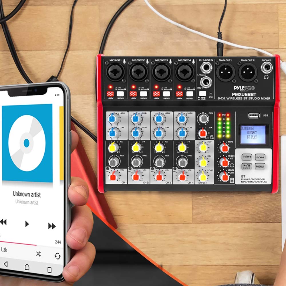 Consola Digital PYLE PylePro Rojo con Bluetooth y Mezclador USB de 6 Canales para Grabación de Estudio