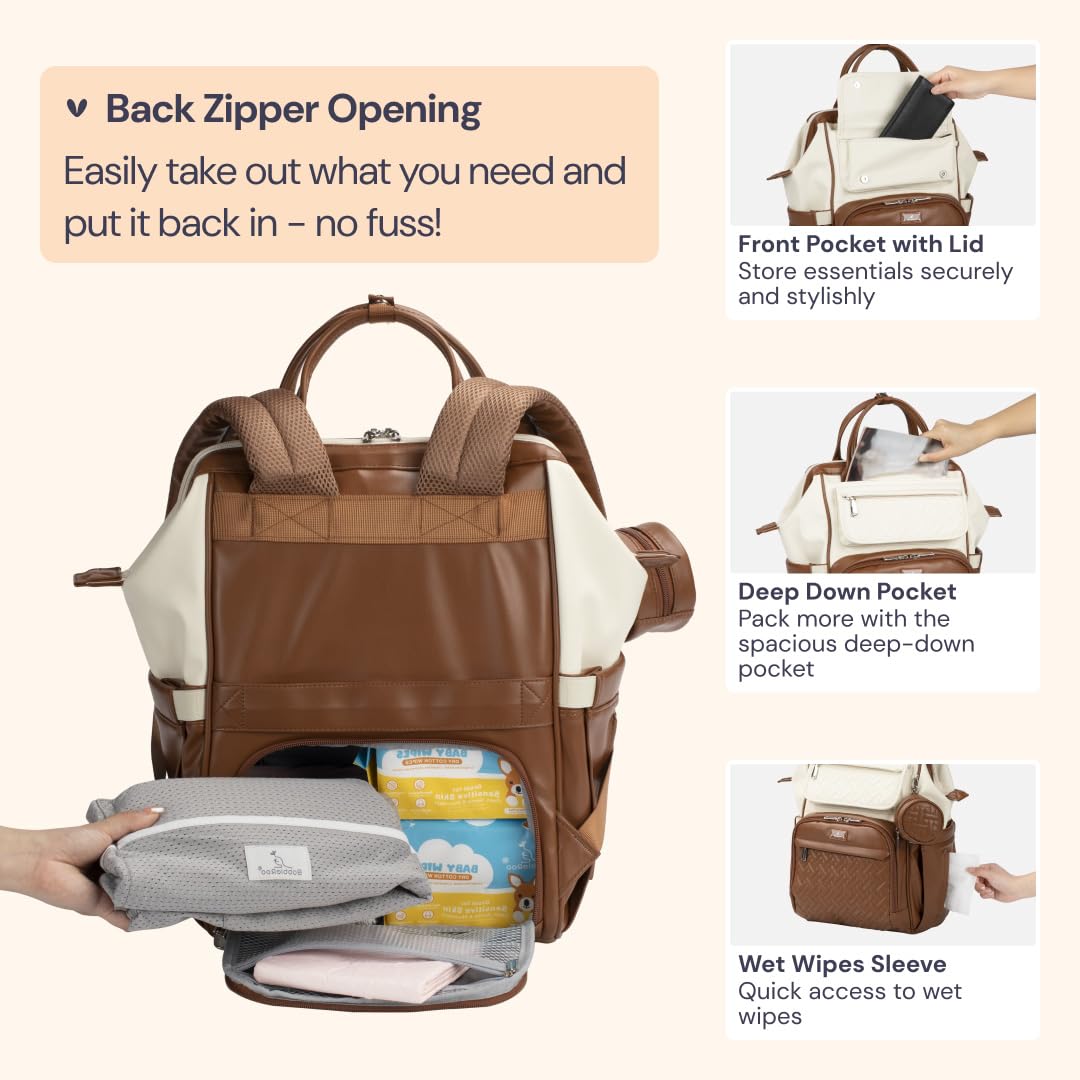 BabbleRoo - Bolsa para pañales para bebé, mochila para pañales de gran capacidad, impermeable, gran apertura en la parte superior, alfombra para pañuelos, funda con chupete extraíble, correas para