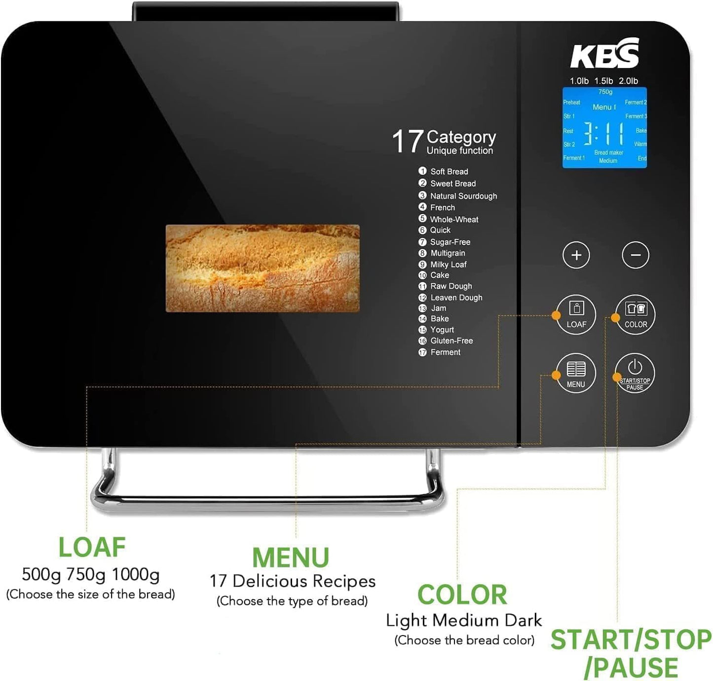 KBS Máquina de pan grande 17 en 1, máquina de pan de acero inoxidable de 2 libras con dispensador automático de frutos secos, sartén de cerámica antiadherente, panel táctil completo de vidrio templado, reserva y mantiene caliente, guante de horno y receta