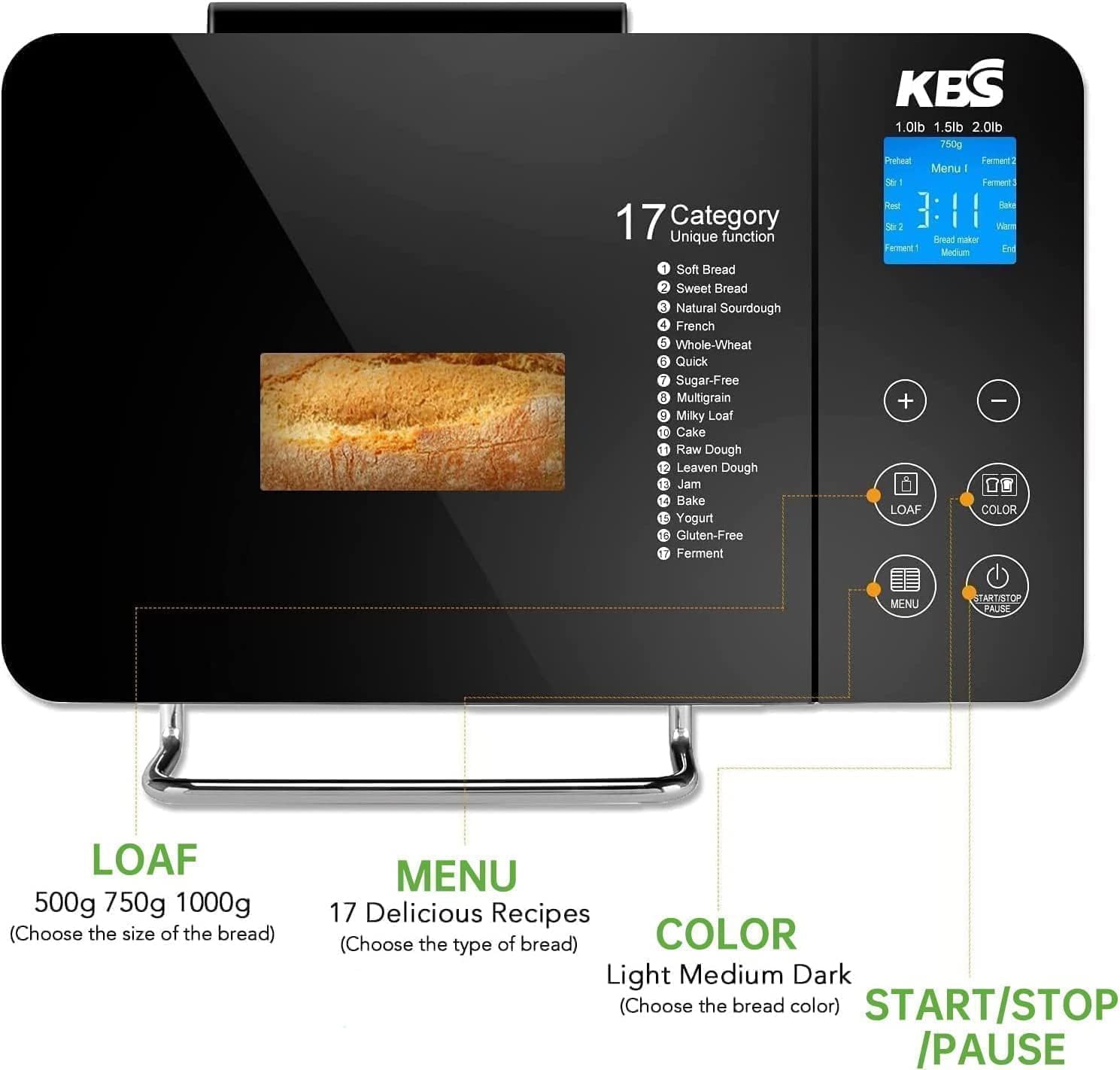 KBS Máquina de pan grande 17 en 1, máquina de pan de acero inoxidable de 2 libras con dispensador automático de frutos secos, sartén de cerámica antiadherente, panel táctil completo de vidrio templado, reserva y mantiene caliente, guante de horno y receta