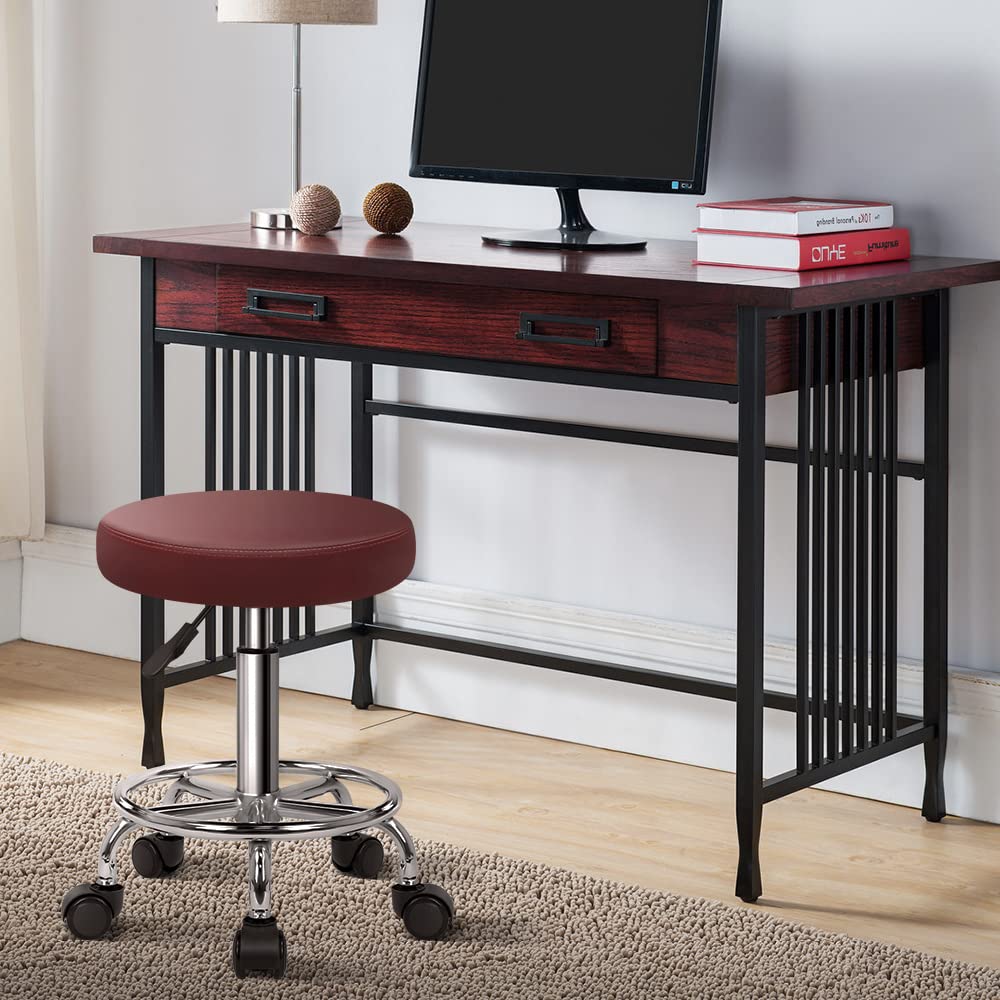 KKTONER Taburete Redondo de Cuero PU reposapiés Ajuste de Altura Giratorio SPA salón taburetes de Masaje Silla de Trabajo (Rojo)