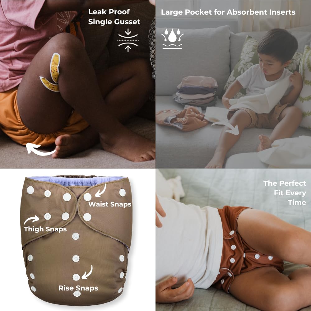 Nora's Nursery Pañales De Tela De Bolsillo Grande, Paquete De 7 Para Niños Pequeños De 35 A 55 Libras Con 1 Bolsa Húmeda, Funda Impermeable, Lavable, Reutilizable Y Talla Única Ajustable - Neutrales D
