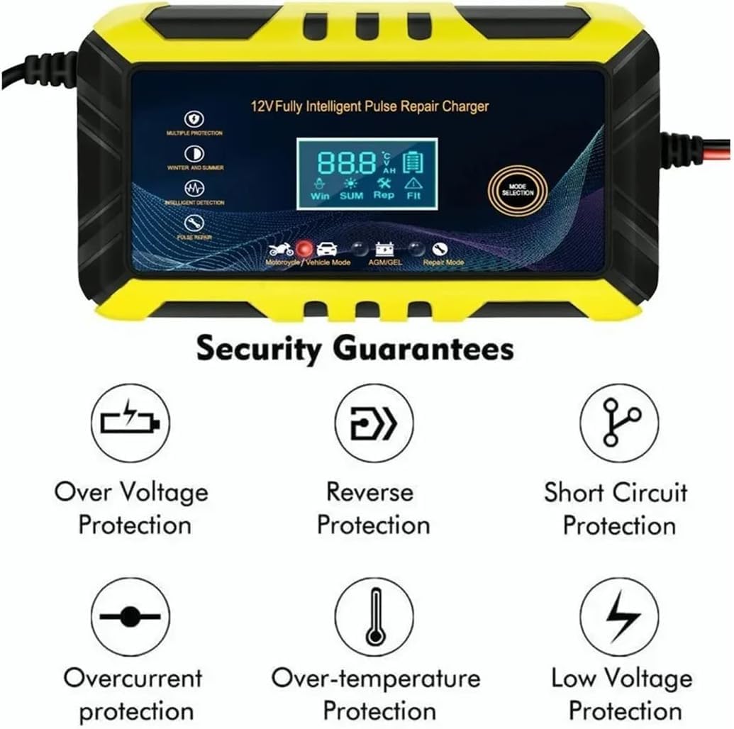 Cargador Inteligente de Batería 12V para Auto/Motocicleta | LCD, Carga Automática 3 Etapas, Protección Múltiple, Apto para Gel/AGM/Húmedas | Modos Estacionales