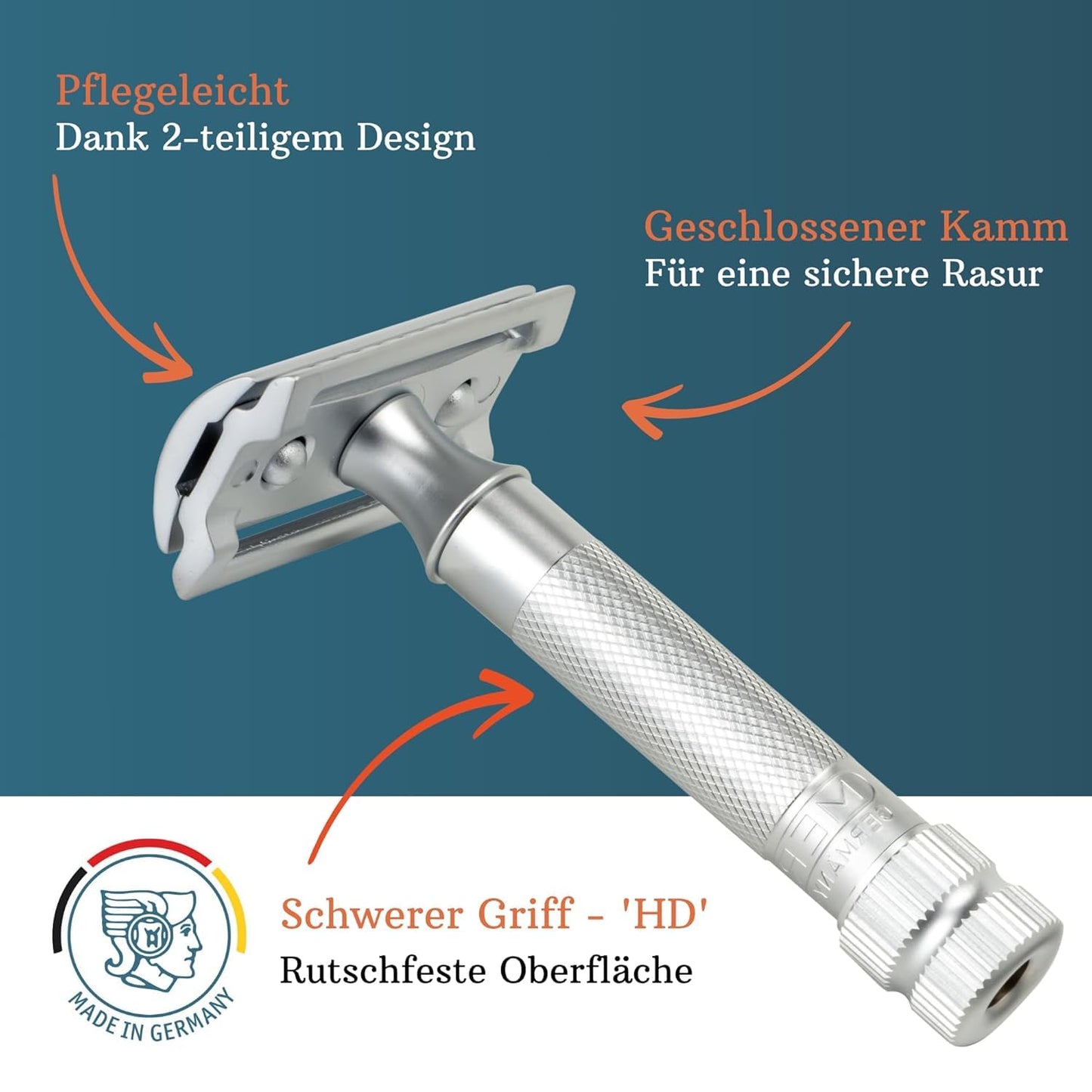 MERKUR Maquinilla de afeitar de seguridad de doble filo 34C - Cromo mate | Mango de latón moleteado de alta resistencia | Fabricada en Alemania | Sin plástico | Diseño de dos piezas | Peine cerrado |