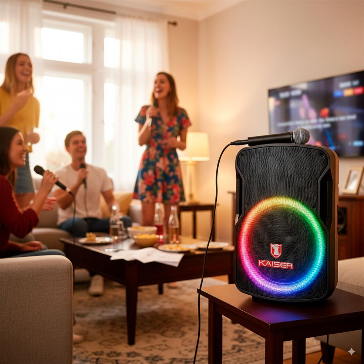 Bafle Profesional de 15 Pulgadas Circle Light 80W RMS Recargable con KSR-Link, Bluetooth, FM, USB, Micro SD, Grabadora, Micrófono Alámbrico, Control Remoto y Stand Potencia de 80w RMS MSA-6516MX
