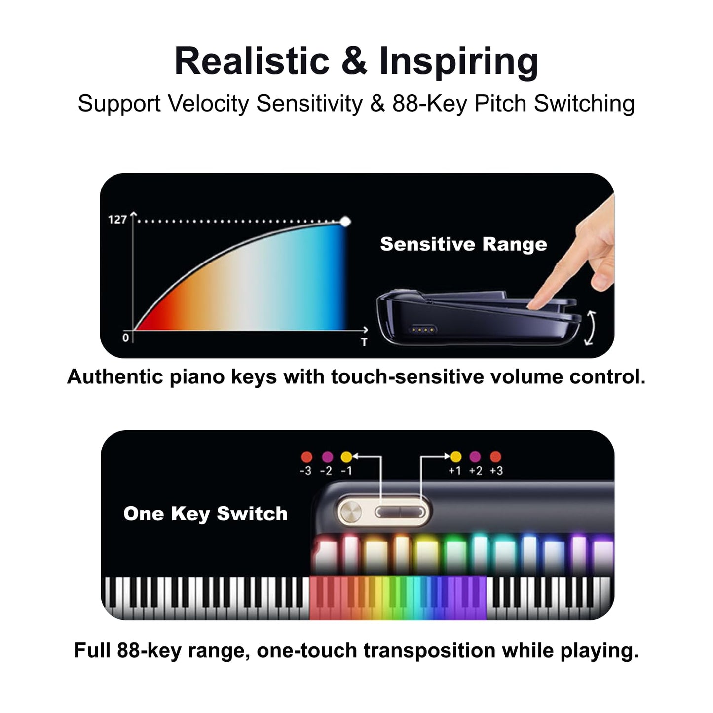 Teclado Digital Inteligente POPUPIANO Negro con Teclas Iluminadas y Driver MIDI, para Aprendizaje y Composición