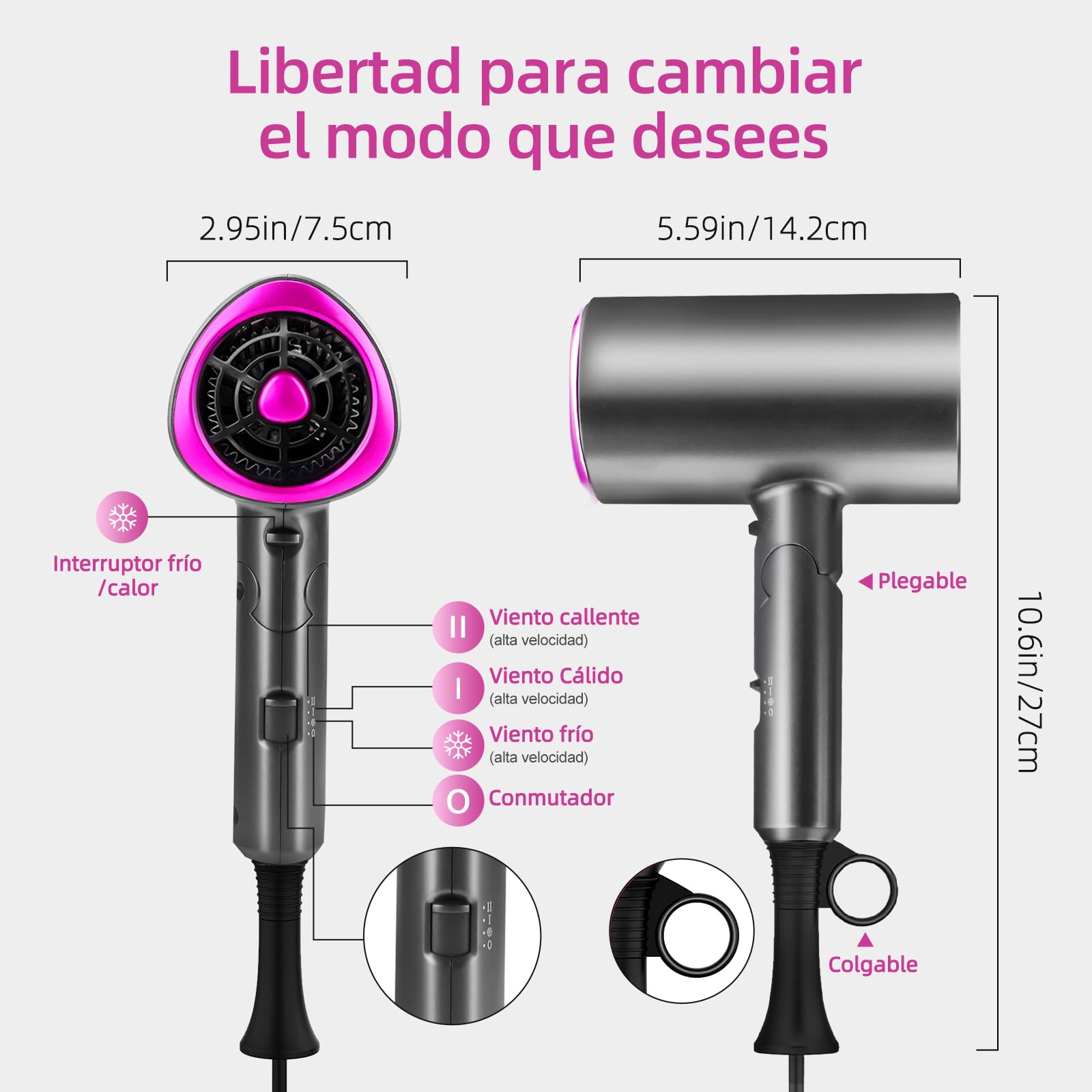 Secador de Pelo,1200W Secadora de Cabello Profesional,Secador de Pelo Iónico Baja Potencia con 3 Niveles de Viento Cálido, 2 Velocidades, Mini Secador de Soplado Plegable con Boquillas y Difusor para Hogar, Salón de Belleza, Viajes,Gris