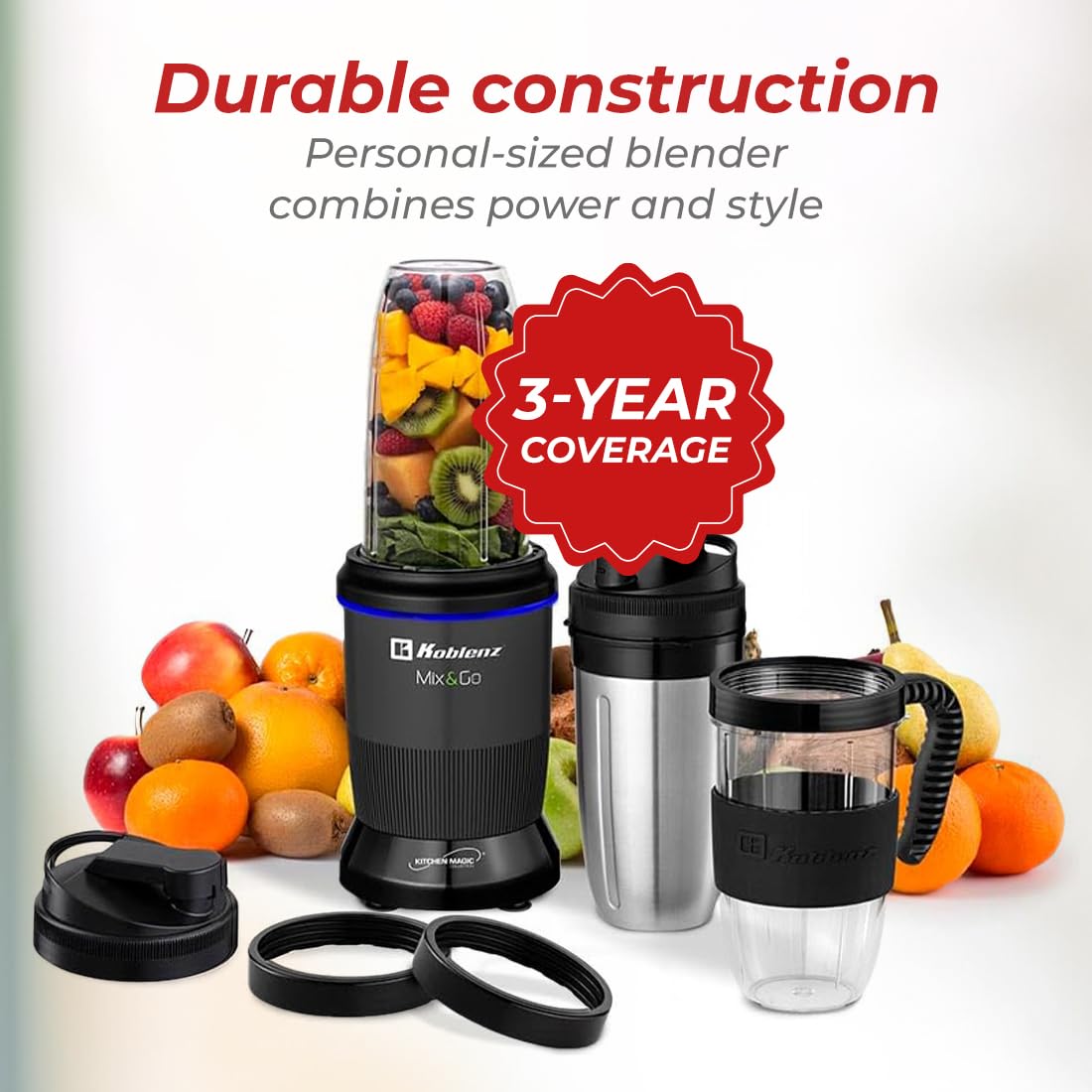 Licuadora Personal Koblenz Mix&Go Batidora Portátil, 1000 Watts, Kit Completo, 12 Accesorios con 2 Vasos de Tritán y 1 Vaso de Acero, Cuchillas de Acero, Ideal para Jugos y Smoothies Negro BKM-1000