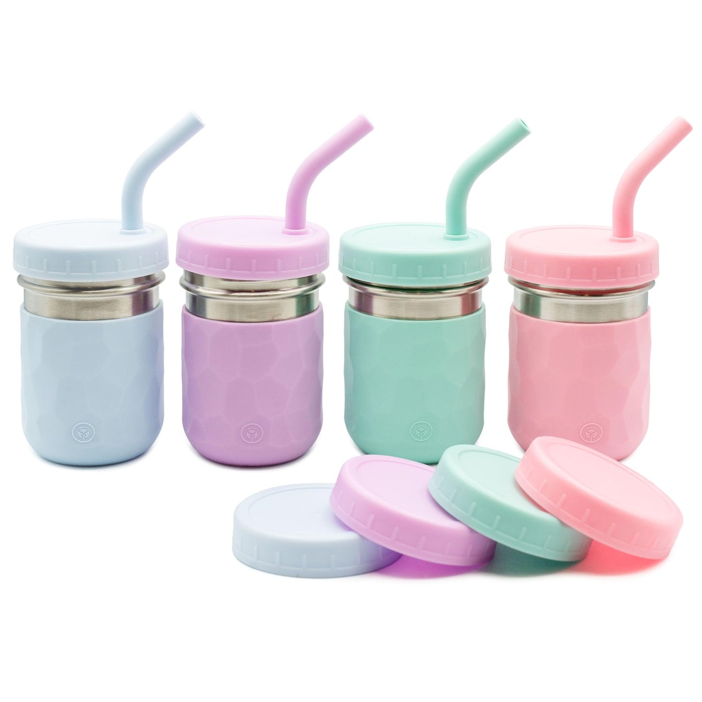 WeeSprout 2 en 1 - Vasos para beber para niños, vaso de acero inoxidable duradero para batidos, pajitas de silicona con tapones, tapas giratorias de plástico premium, fundas de fácil agarre, juego de