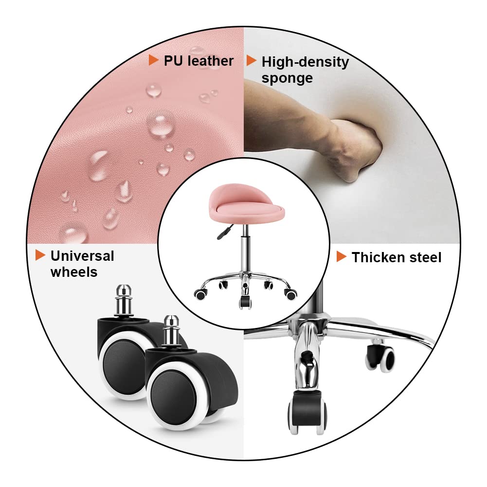 KKTONER Taburetes Giratorios con Respaldo Bajo Taburetes Redondos Rodantes Rosa Taburete Silla con Ruedas para el Hogar Salón Facial SPA Masaje Tatuajes Trabajo