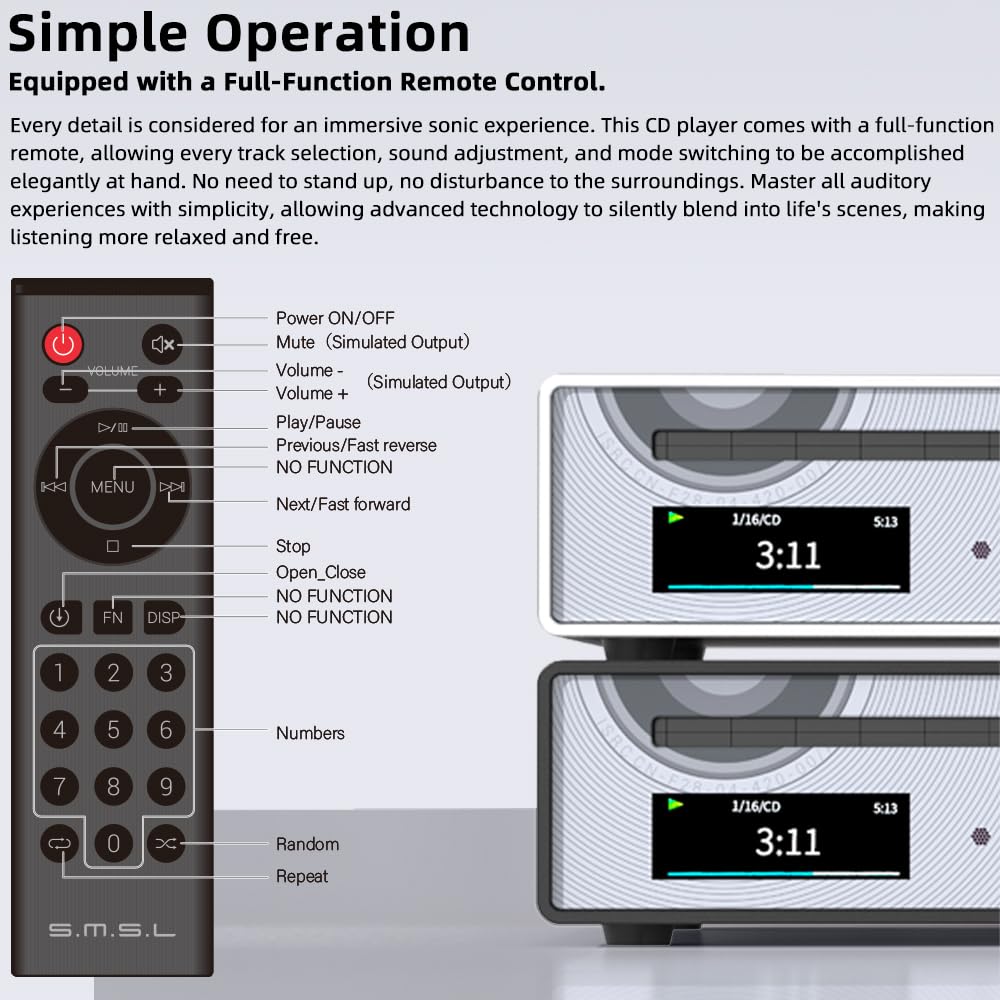 SMSL PL100PRO Reproductor de CD, RCA/óptico/coaxial/XLR equilibrado/salida de auriculares de 3,5 + 4,4 mm, 200 mW 32 Ω, 2 chips DAC de gama alta CS43131, compatible con discos CD-R/CD-RW/MP3