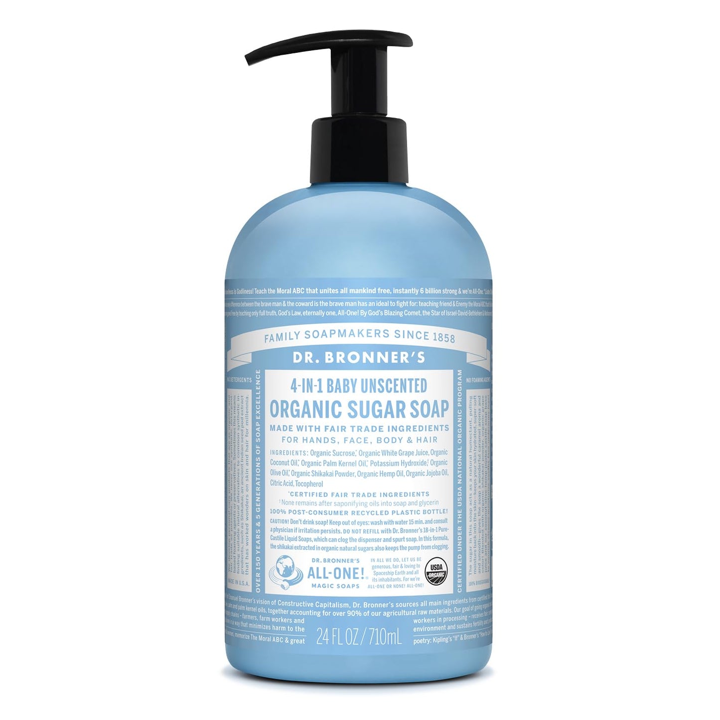 Dr. Bronner's | Jabón líquido de azúcar orgánico, hidratante y nutritivo, para manos, cuerpo, rostro y cabello; certificado vegano - Sin Aroma, 710 ml