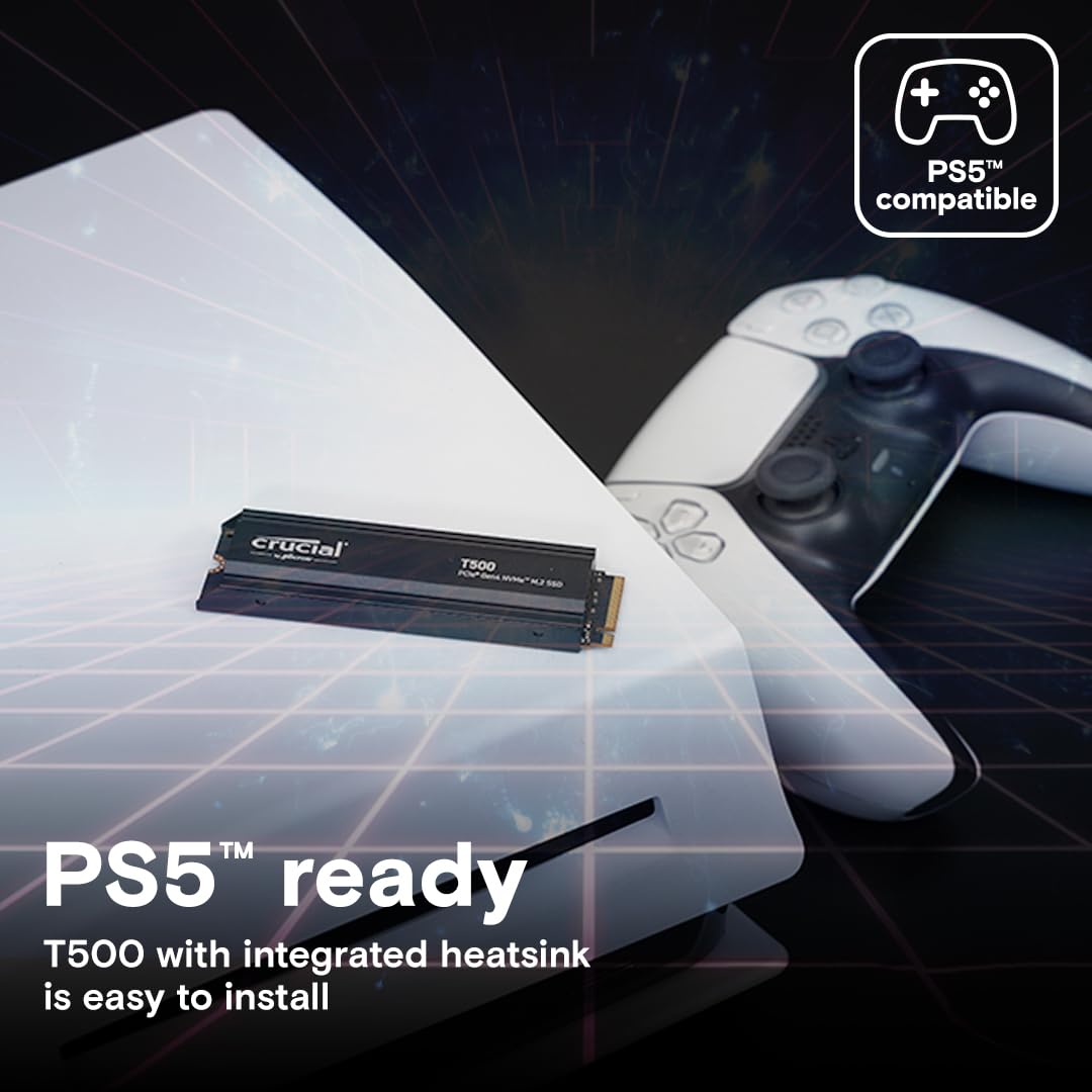 Crucial T500 1TB Gen4 NVMe M.2 SSD Interno para Juegos con disipador de Calor, hasta 7300 MB/s, Compatible con PlayStation 5 + 1mo Adobe CC Todas Las Aplicaciones - CT1000T500SSD5