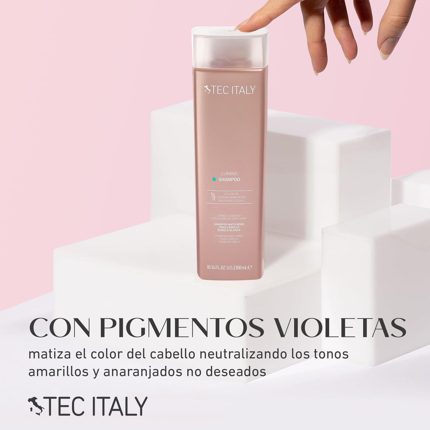 TEC ITALY - Lumina Shampoo 300 ml, Shampoo para Cabello, Matizador para Cabello Rubio y Blanco, Limpia Suavemente la Fibra Capilar, Ilumina el Cabello, Efecto Rubio Frío, Ingredientes Naturales