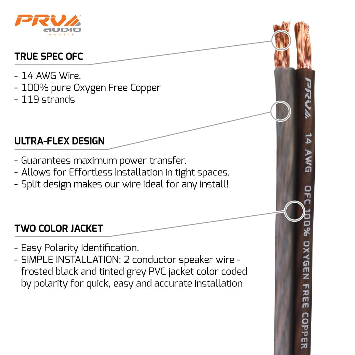 PRV AUDIO - Cable de altavoz de calibre 14 (AWG) de cobre de alta calidad sin oxígeno, rollo de 100 pies (negro/gris) cable ultra flexible para aplicaciones de audio del coche y el hogar