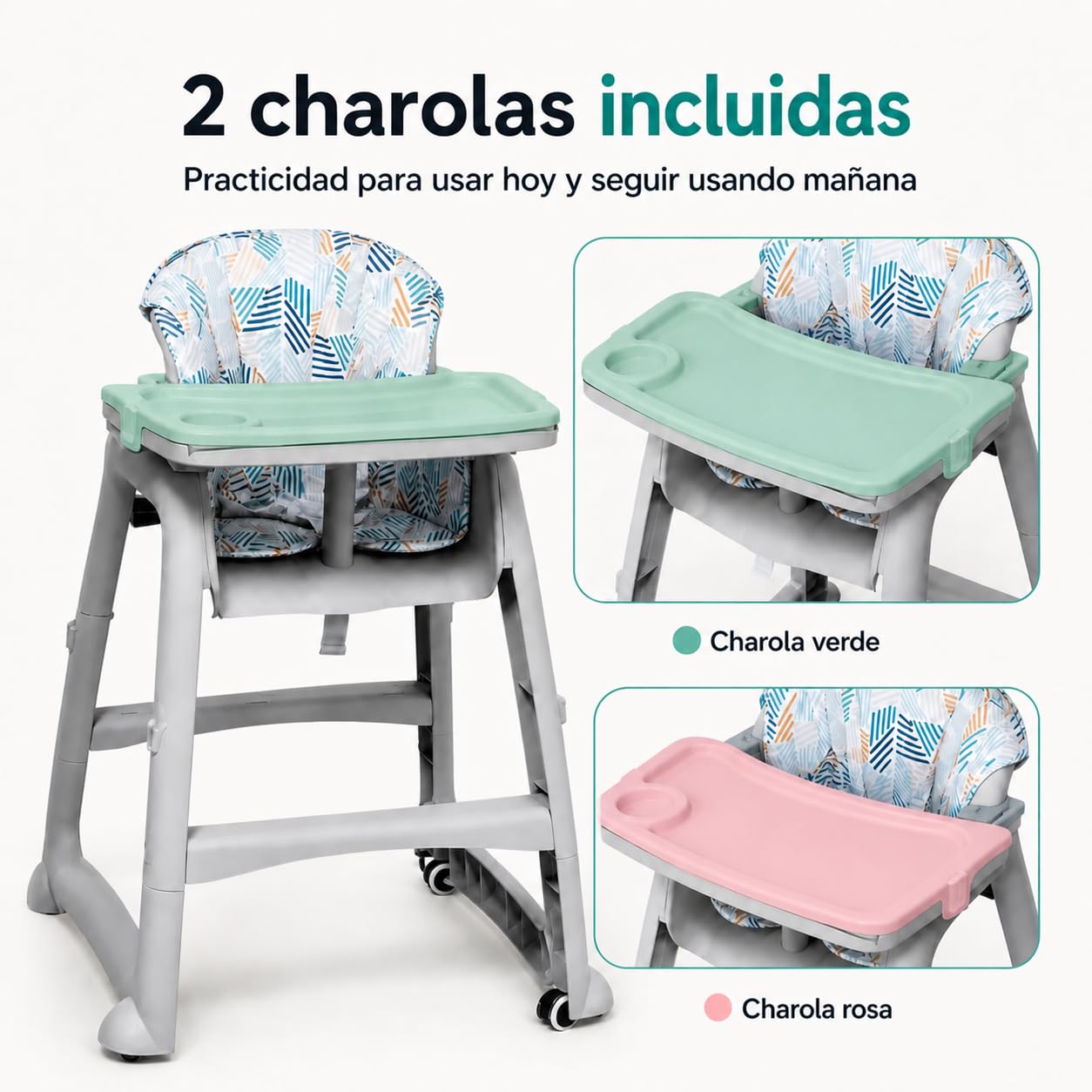 LURKO Silla Alta/Baja, 2 Charolas, Arnés 5 Puntos, Ruedas con Freno 1+