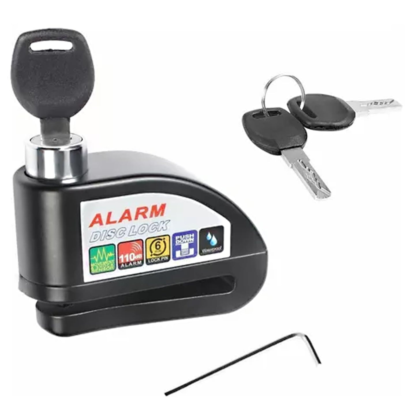 BAKEWAY Candado para Motocicleta y Bicicleta,Candado para Motocicleta Universal con Alarma de 110dB Impermeable IP65 Seguro Antirrobo con Motocicleta Bicicleta etc Vehículos con Llanta de Disco