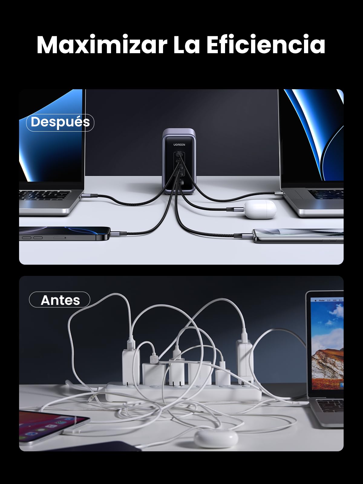 Cargador Tipo C UGREEN Nexode 300W GAN Negro con 5 Puertos Carga Rápida para MacBook, iPhone, Galaxy