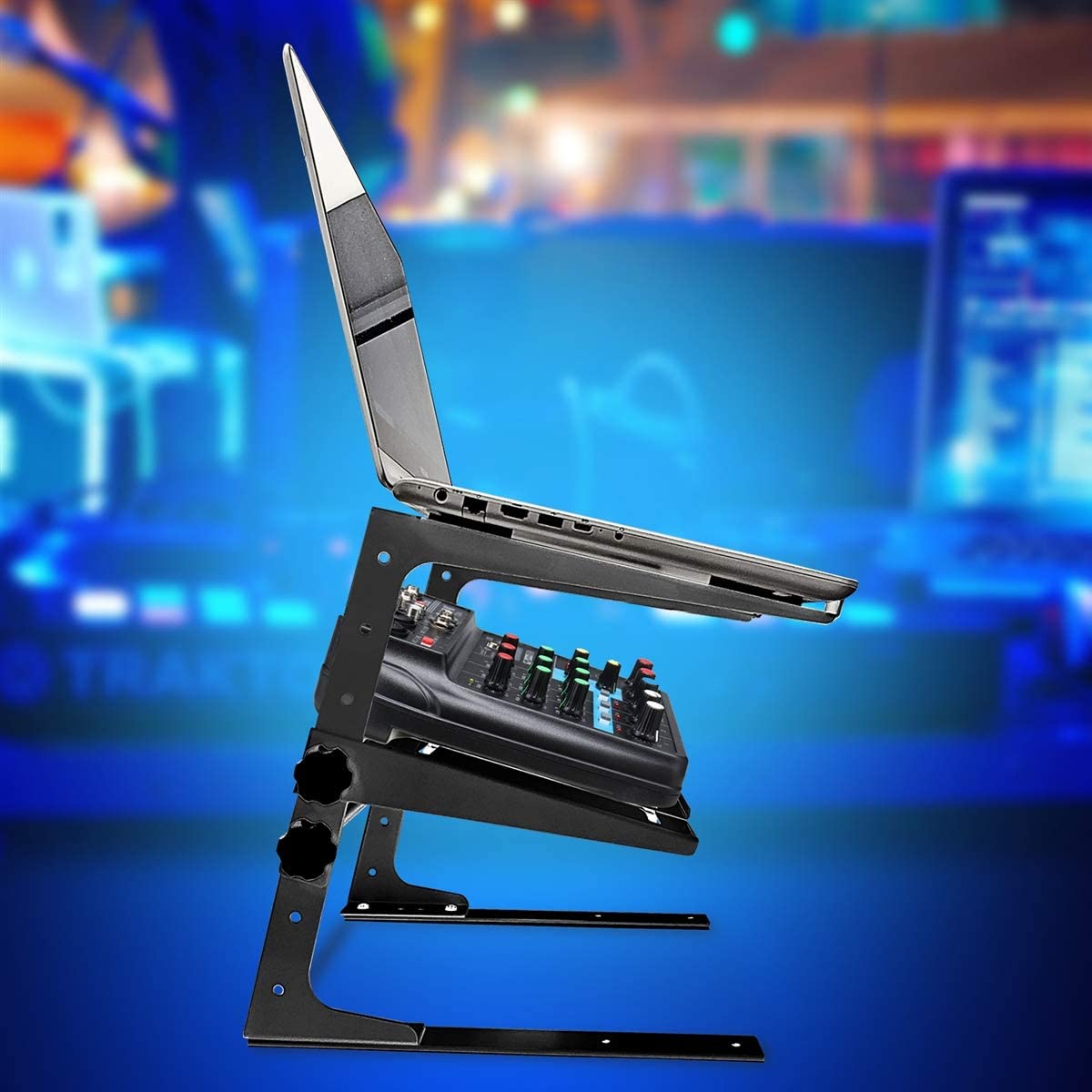 AxcessAbles - Soporte de DJ ajustable de dos niveles con abrazaderas | para controladores de DJ, mezcladores de música, portátiles de hasta 20 libras. | Soporte de driver de DJ compatible con