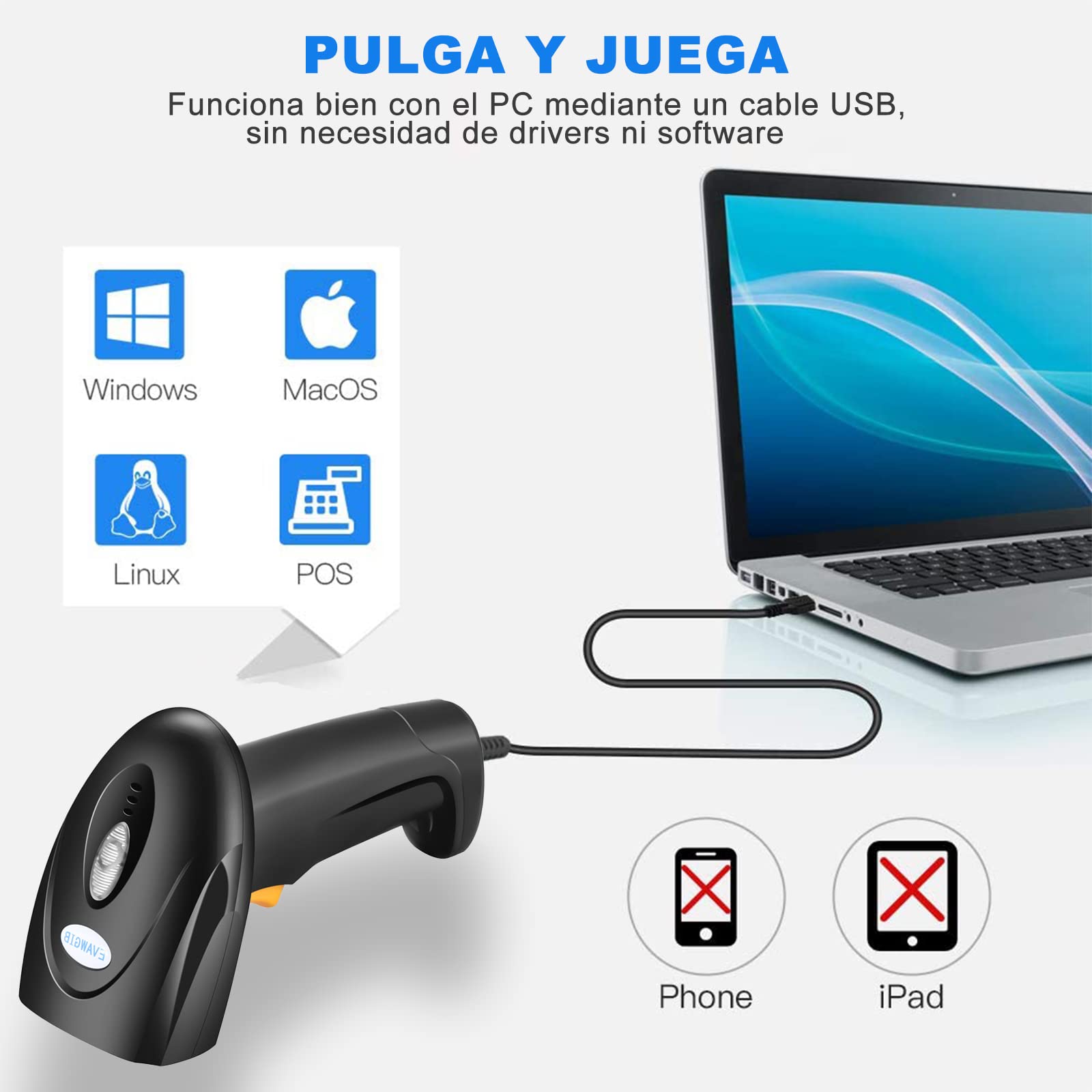 KITCHEN CHOICE Escaner Codigo de Barras,Lector Codigo de Barras Compatible con USB 2.0 Conexión por Cable, 1D Barcode Scanner Láser para Tableta, PC,con Windows、Mac、Android、Linux