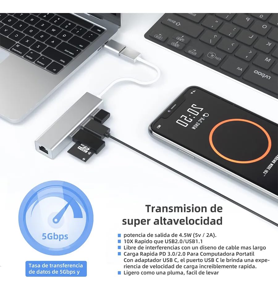 Genérico Adaptador USB C a Ethernet, Adaptador Ethernet USB C a RJ45 Thunderbolt 3, LAN de Red 10/100Mbps para MacBook Pro, MacBook Air, iPad Pro, Surface, DELL XPS y más