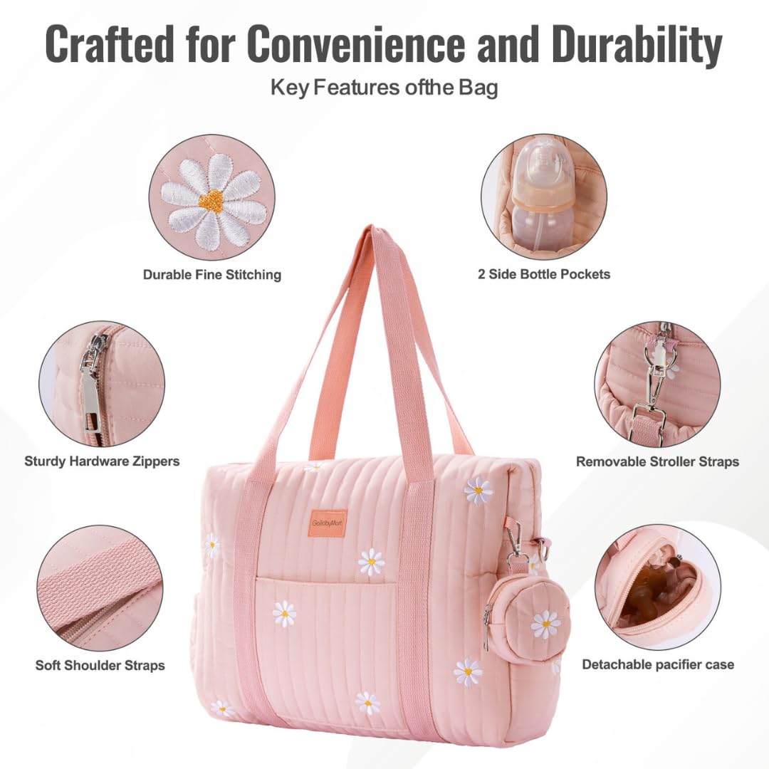 GOBABYMART - Juego de 3 bolsas de pañales, bolsa de hospital para trabajo y parto, bolsa de viaje de maternidad con cambiador y estuche para chupete, Medio - Flores rosadas, 15 inches x 12 inches x 6