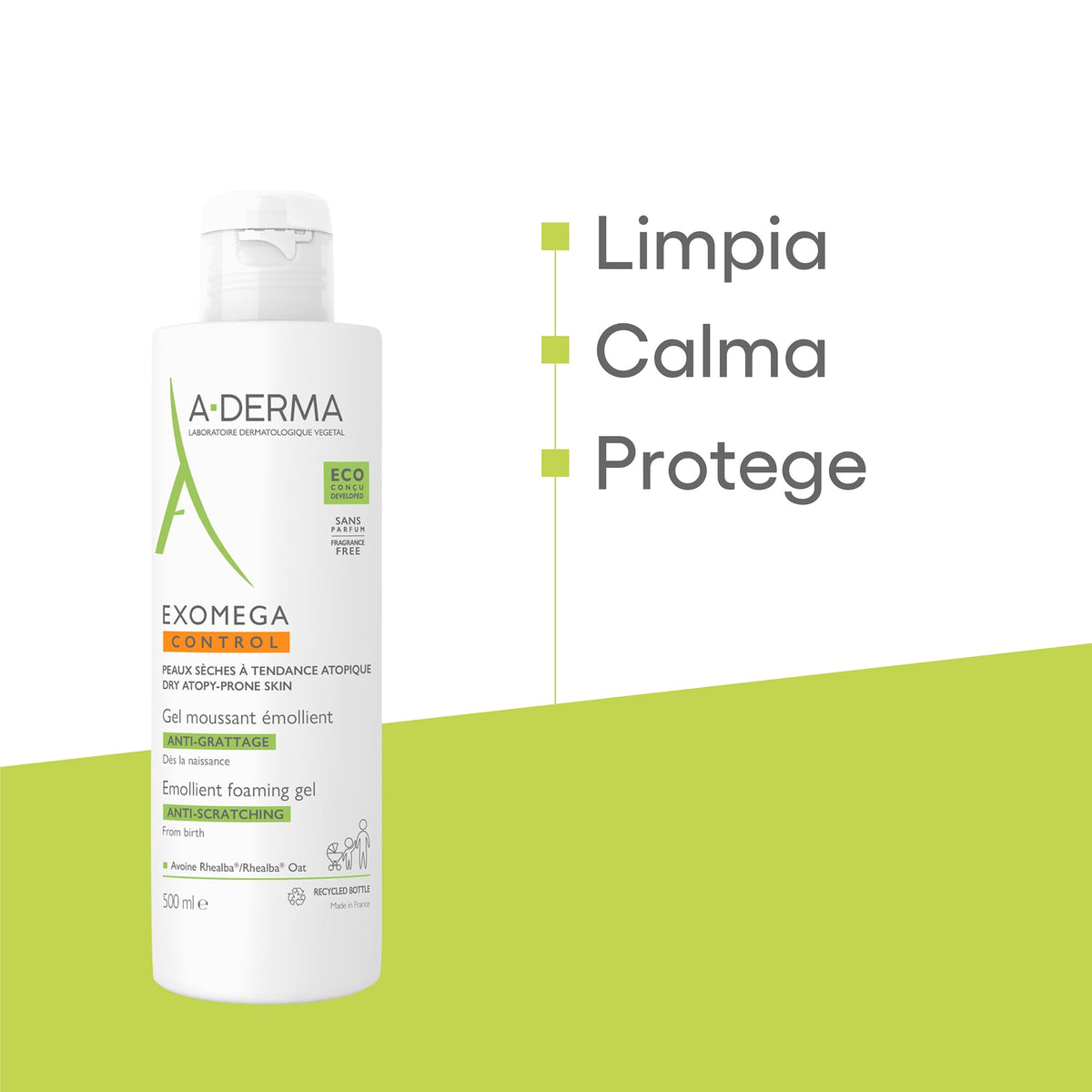 A-DERMA Exomega Control Gel Limpiador Emoliente Piel Atopica Muy Seca, 500 ml