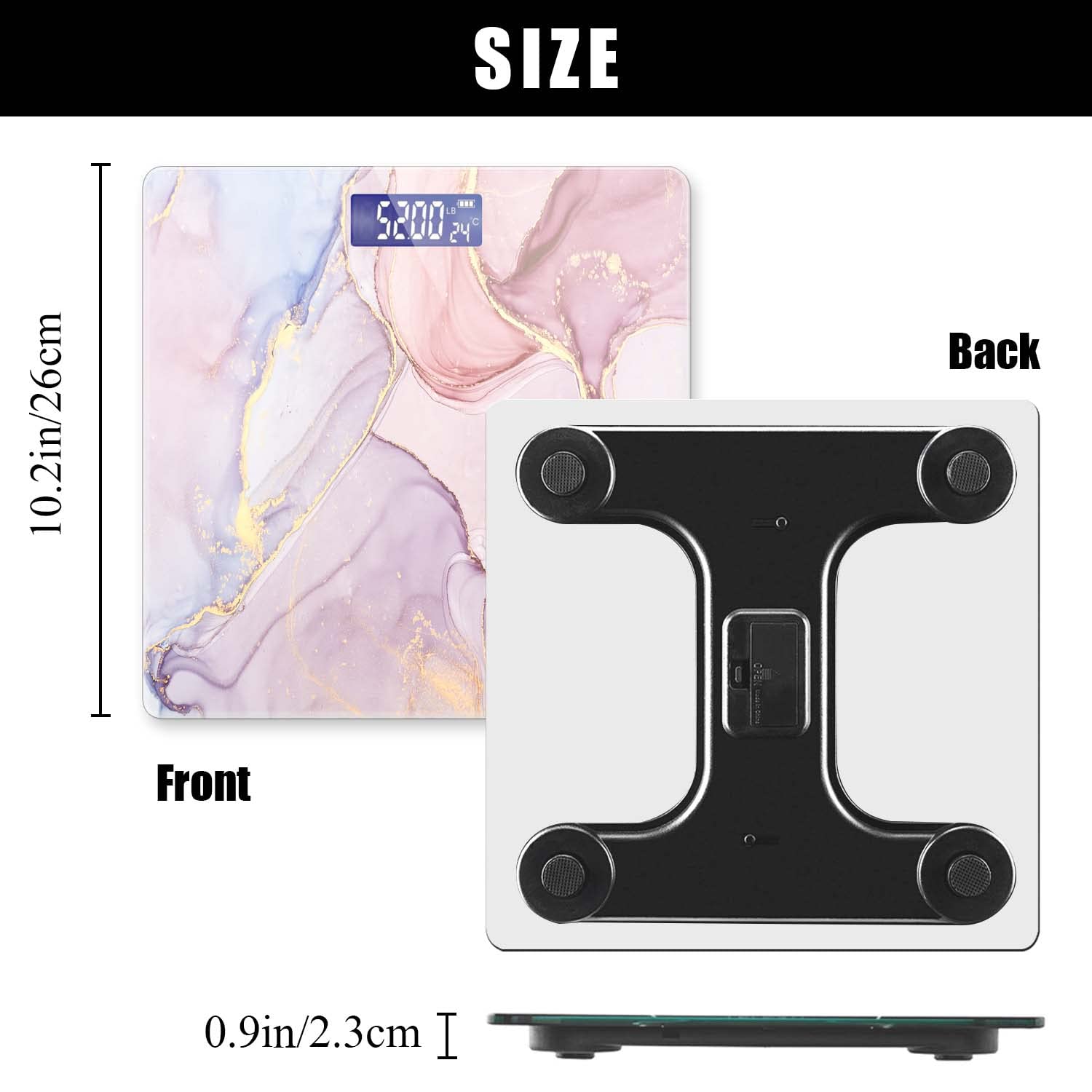 Báscula digital de baño para peso corporal de 400 libras, báscula digital personalizada con pantalla retroiluminada, fácil de leer (batería no incluida), mármol rosa