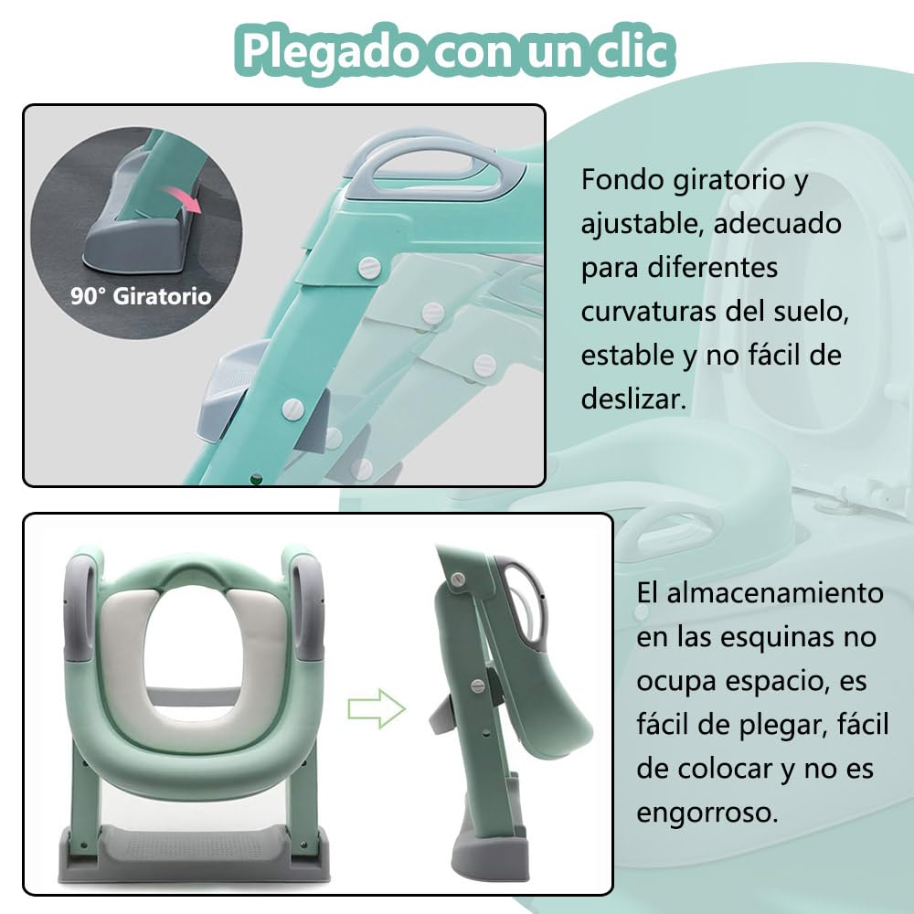 Asiento Entrenador para Baño Infantil Tapizado con Escalera Antideslizante Verde