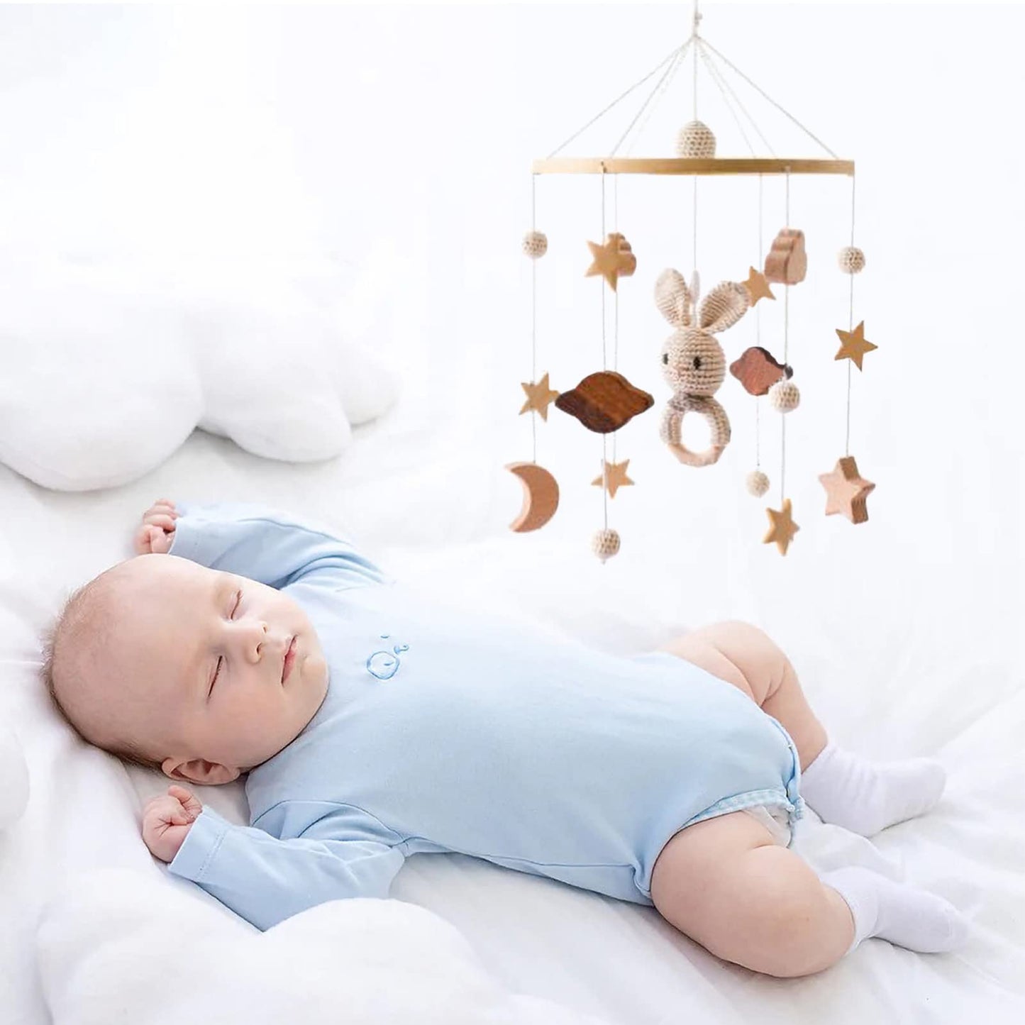 Móvil para bebé, cuna móvil para niños y niñas, nubes 3D, conejo, animales, móvil para cuna, campanillas de viento, habitación de niños, decoración de guardería (B)
