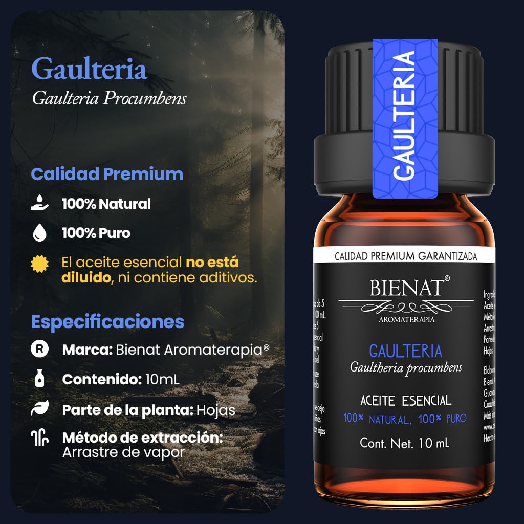 BIENAT AROMATERAPIA Aceite Esencial de Gaulteria 10mL | 100% Puro y Concentrado | Ideal para Difusor de Aromas, Humidificador, Aromaterapia, Masajes, Meditación, Jabones y Velas | Esencia Natural en Gotas