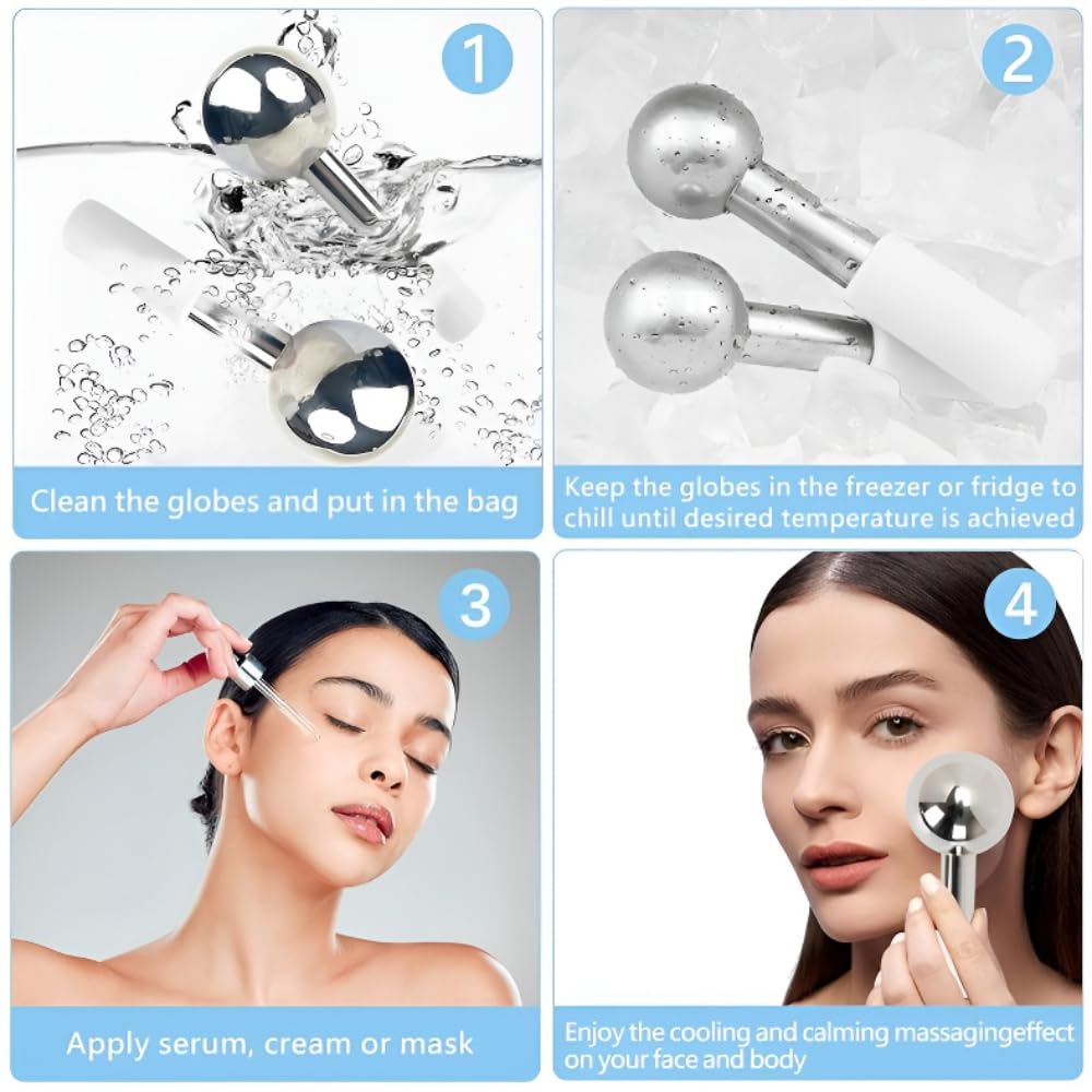 Globos de hielo para rostro y ojos, masajeador criogénica de acero inoxidable irrompible para rutinas de cuidado de la piel, globos de enfriamiento multifuncionales para hinchazón, piel flacidez
